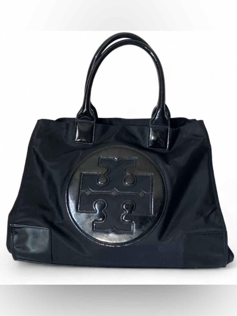 Tory Burch Ella Oversized Nylon Tote Black Patent Logo Large Shoulder Bag - Picture 2 of 6